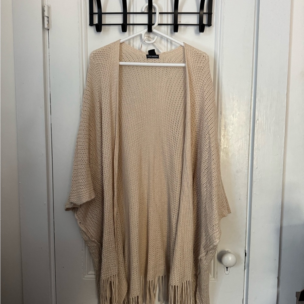 Steve Madden Beige Knit Poncho with Fringe